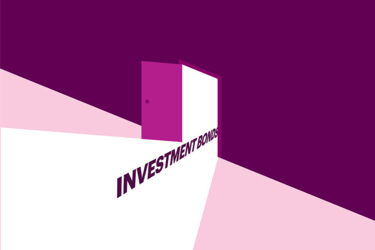 purple wall, with an open door and the words 'investment bonds' going into it