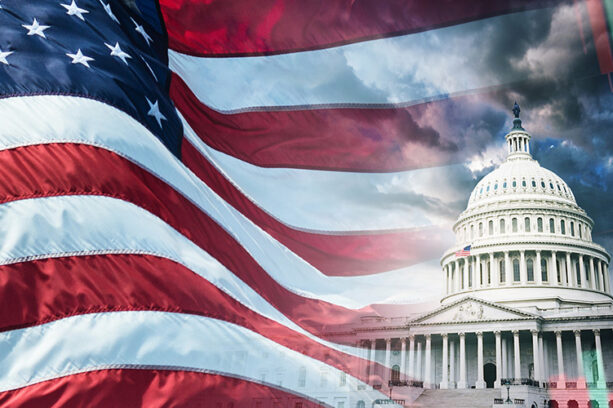 american flag fading into an image of the white house