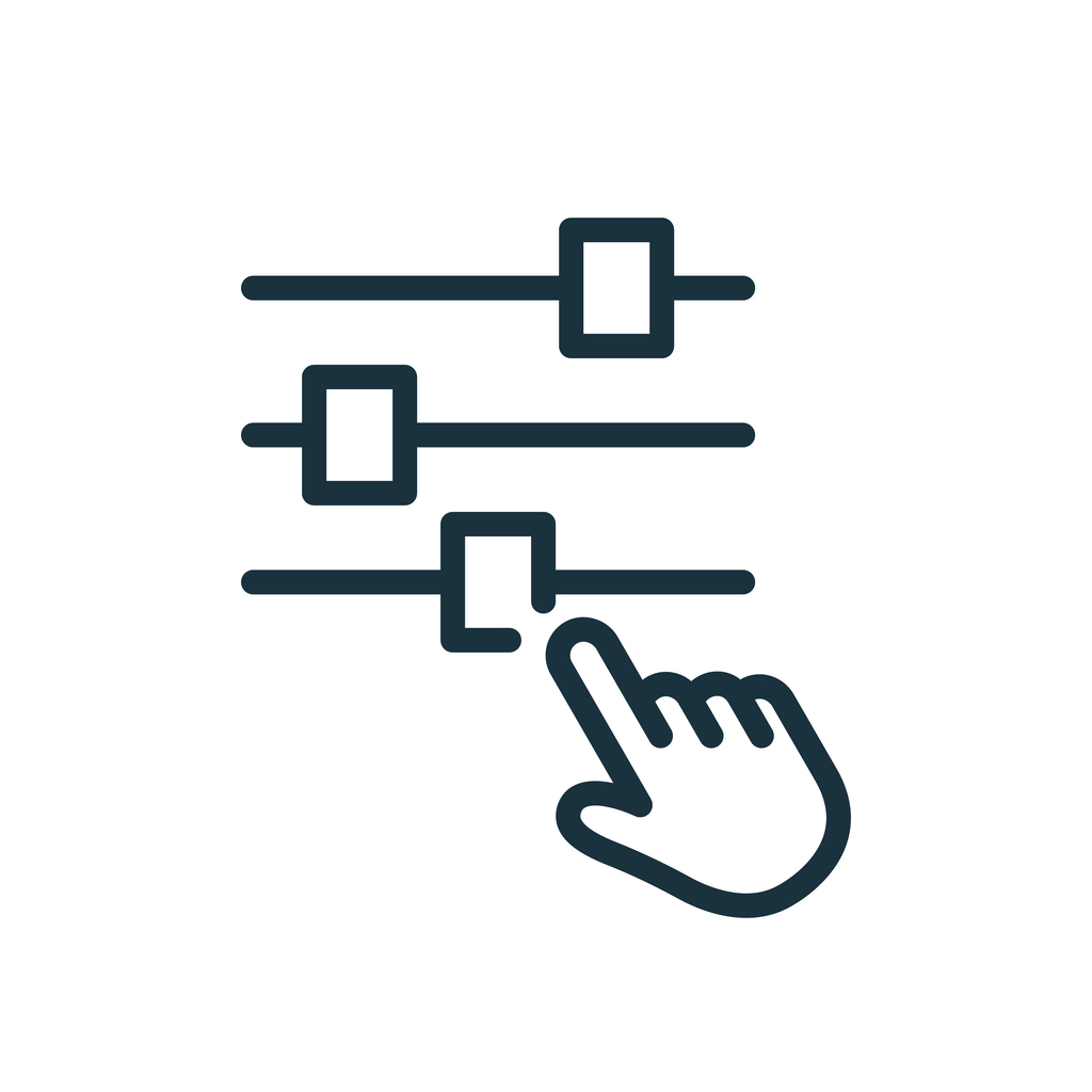 Control Panel and Pointer Line Icon. Adjustment Button with Hand Linear Pictogram. Control Panel Outline Icon. Multimedia adjusting symbol. Editable Stroke. Isolated Vector Illustration